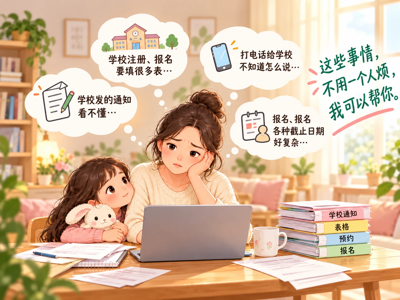 妈妈和孩子面对学校通知、报名、电话和截止日期烦恼的主图